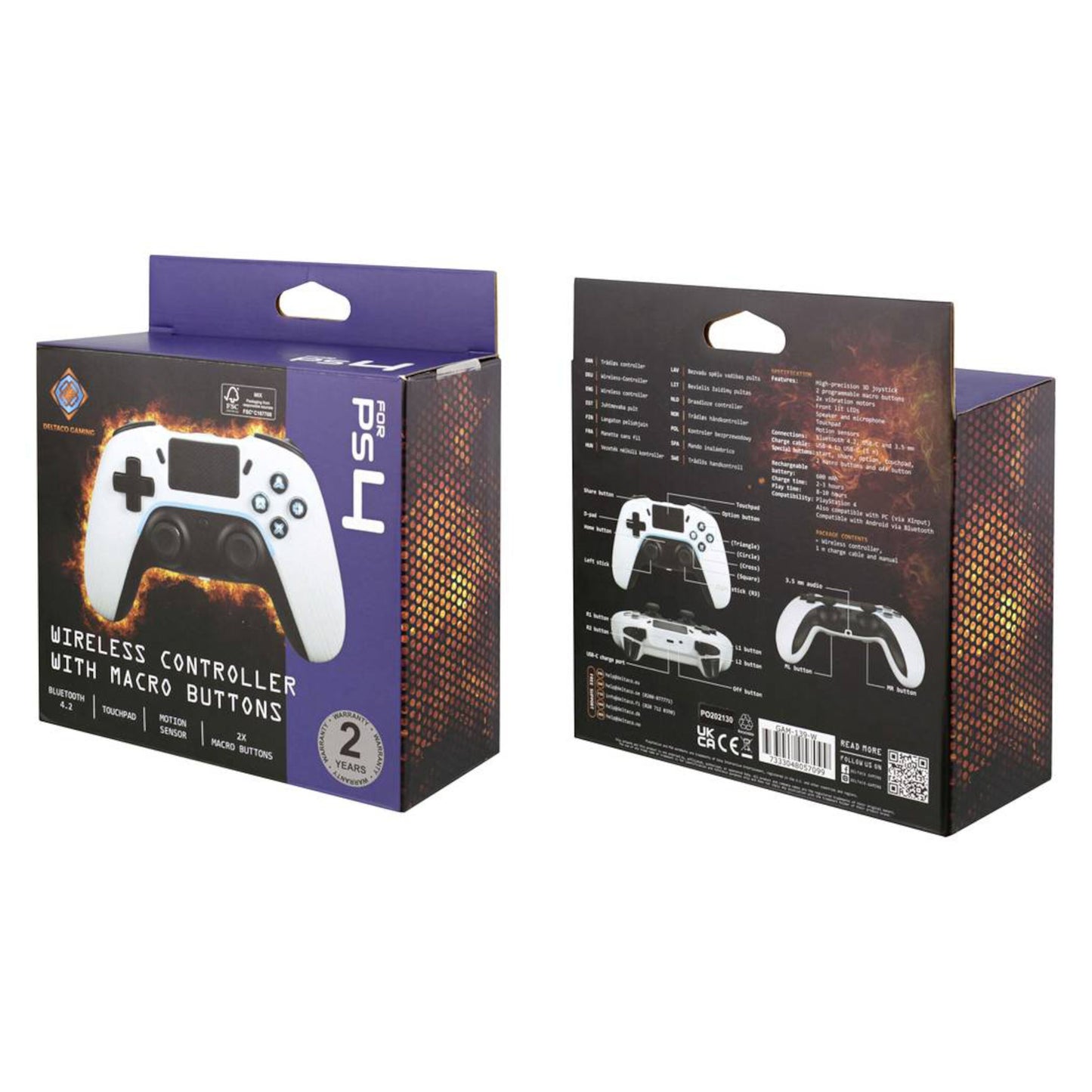 Deltaco Trådløs controller til PS4 og PC, hvid, vises i lilla og sort emballage med produktbillede, specifikationer på bagsiden.