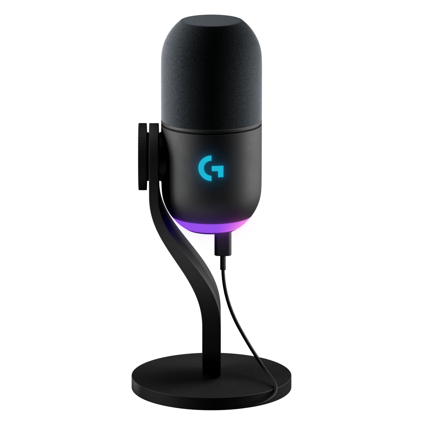 Logitech G Yeti GX sort USB-mikrofon med rund base, blåt G-logo, lilla LED og synligt kabelstik.