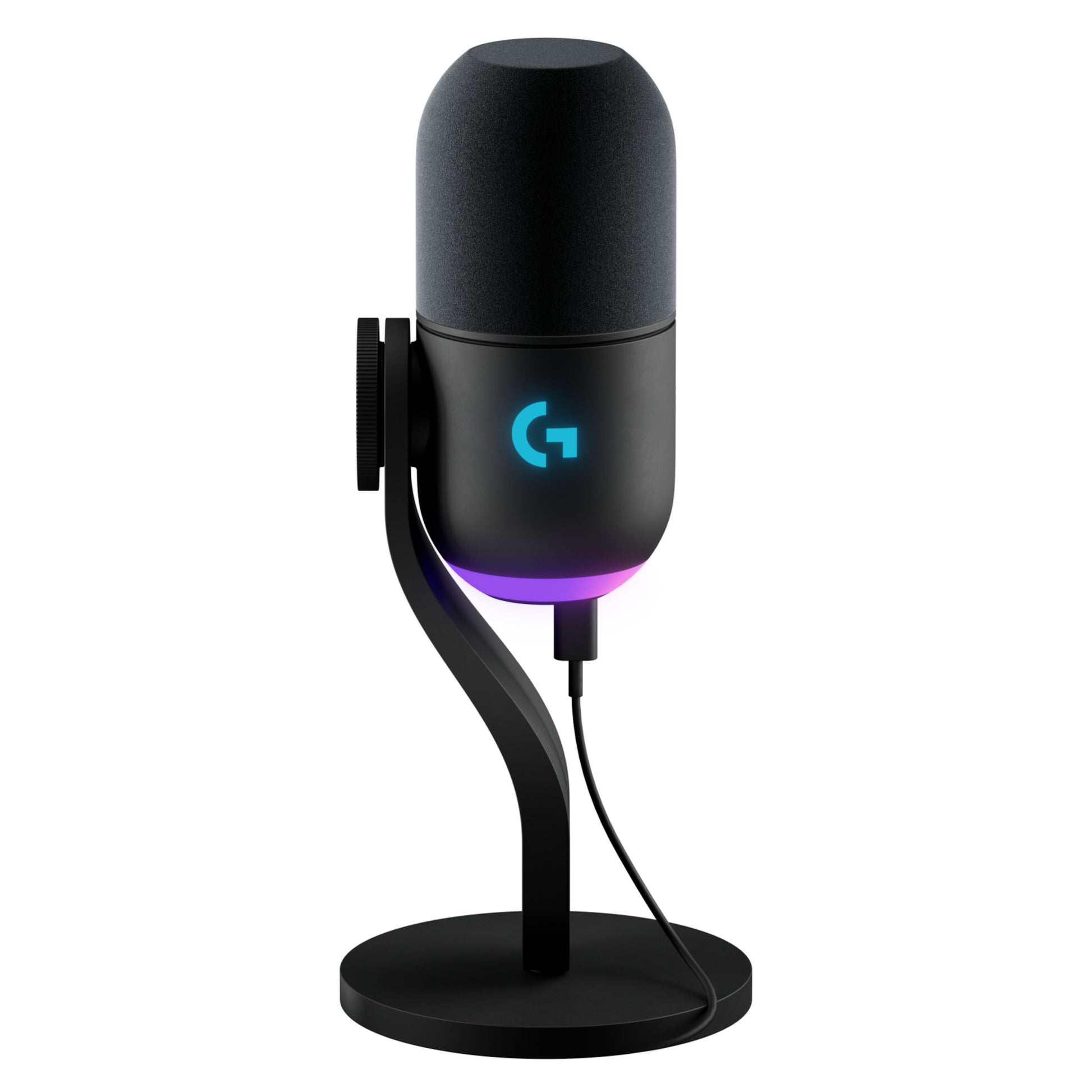 Logitech G Yeti GX sort USB-mikrofon med rund base, blåt G-logo, lilla LED og synligt kabelstik.