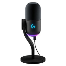 Logitech G Yeti GX sort USB-mikrofon med rund base, blåt G-logo, lilla LED og synligt kabelstik.