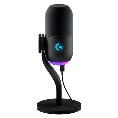 Logitech G Yeti GX sort USB-mikrofon med rund base, blåt G-logo, lilla LED og synligt kabelstik.