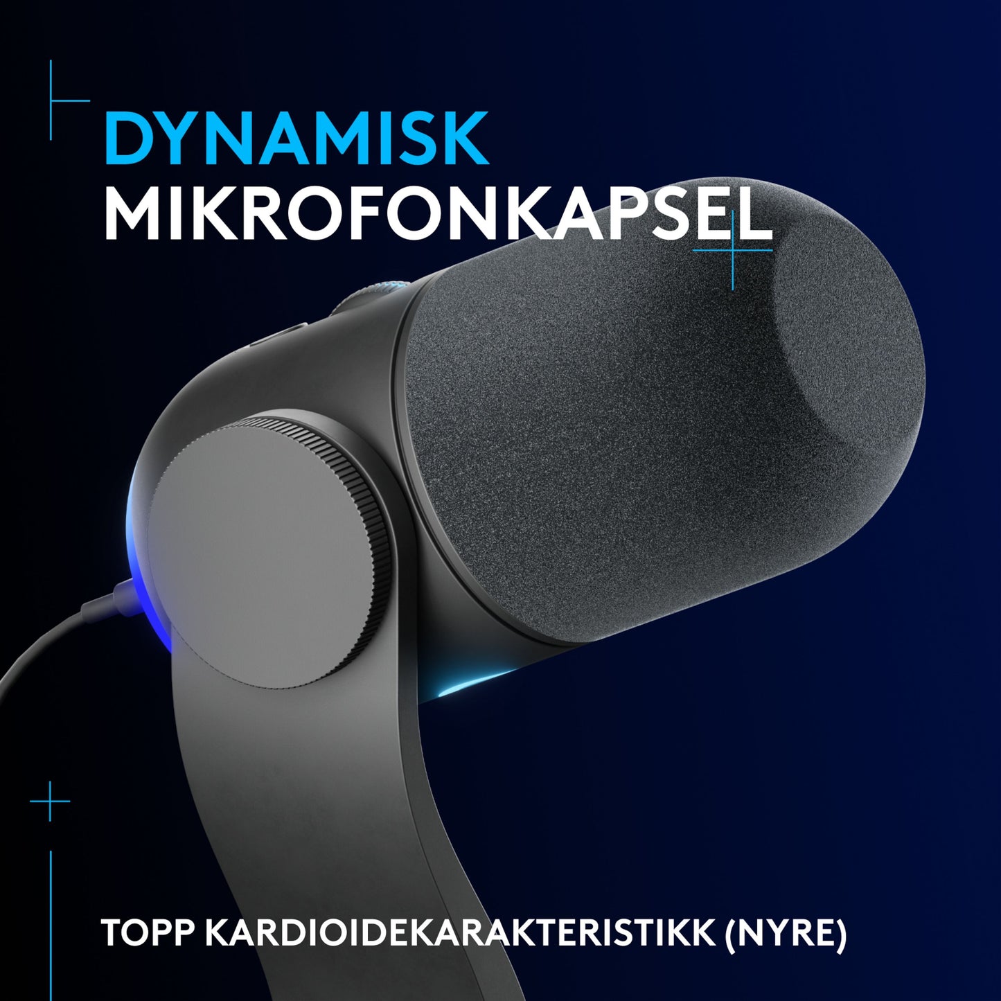 Logitech G Yeti GX USB-mikrofon sort skum, på stativ, norsk tekst: Dynamisk mikrofonkapsel og Topp kardioidekarakteristikk.
