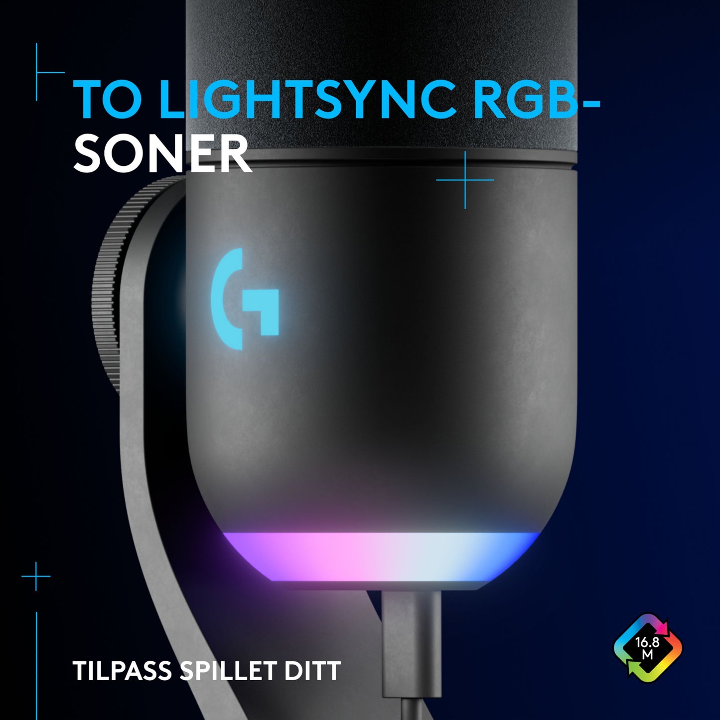 Logitech G Yeti GX USB-mikrofon med LIGHTSYNC RGB-lys i blå og pink, norsk tekst på lysindstillinger, oplyst G-logo.