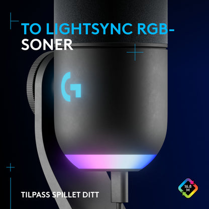 Logitech G Yeti GX USB-mikrofon med LIGHTSYNC RGB-lys i blå og pink, norsk tekst på lysindstillinger, oplyst G-logo.