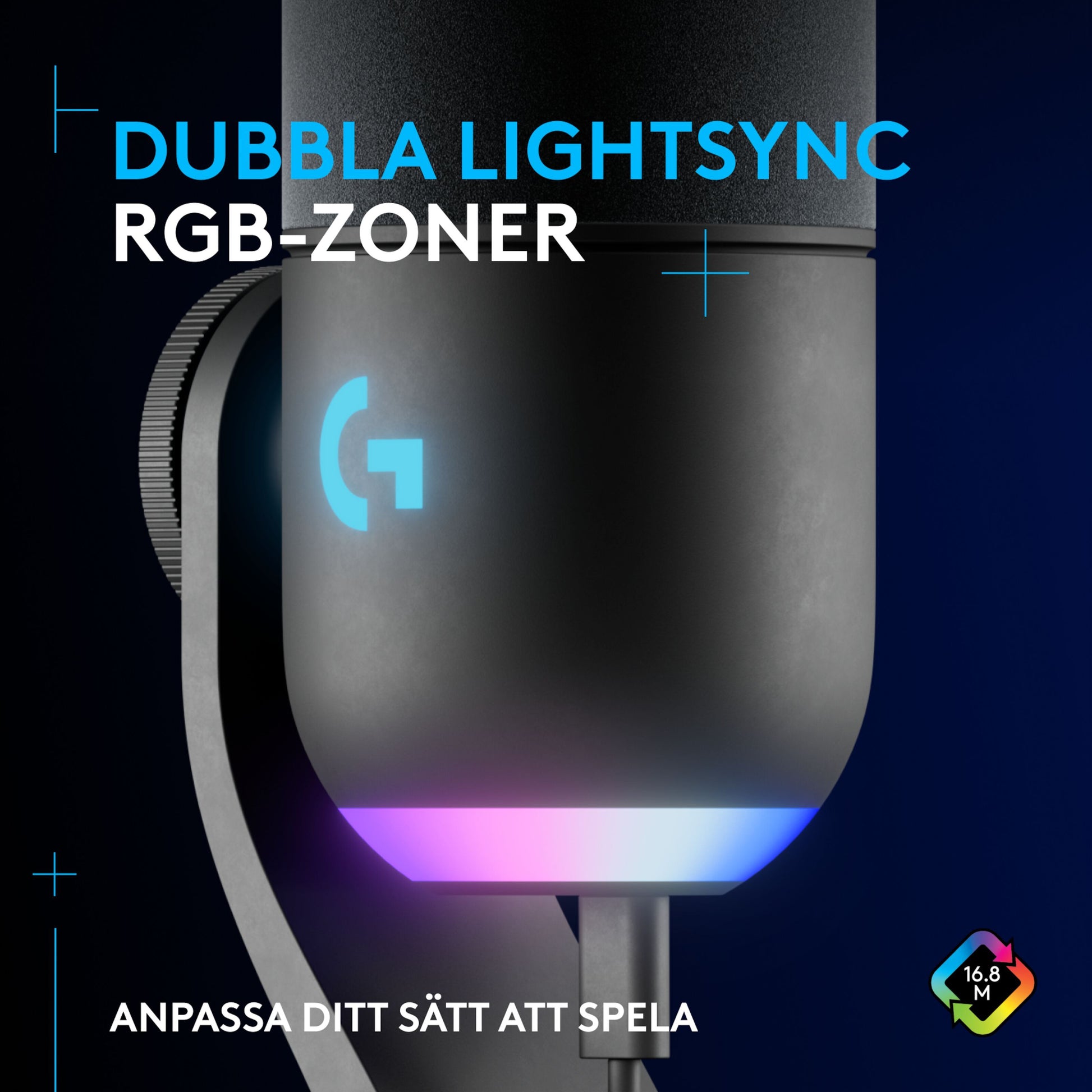 Logitech G Yeti GX USB-mikrofon med RGB-base, oplyst Logitech G-logo og LIGHTSYNC RGB-zoner nævnt på svensk tekst.