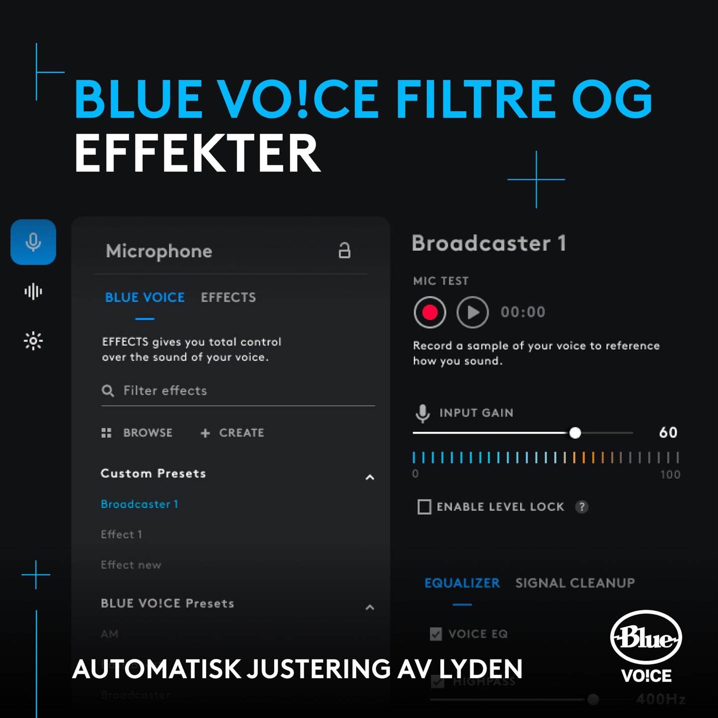 Logitech Blue VOCE software screenshot med filtereffekter, input gain og equalizer til Yeti GX USB-mikrofon, norsk tekst.