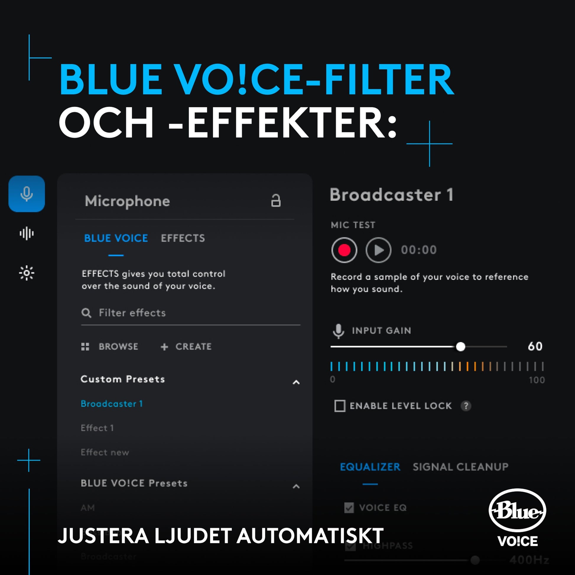 Logitech G Yeti GX USB-mikrofon med digital interface til Blue VOCE, synlig svensk tekst om lydindstillinger.
