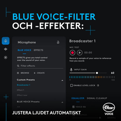 Logitech G Yeti GX USB-mikrofon med digital interface til Blue VOCE, synlig svensk tekst om lydindstillinger.