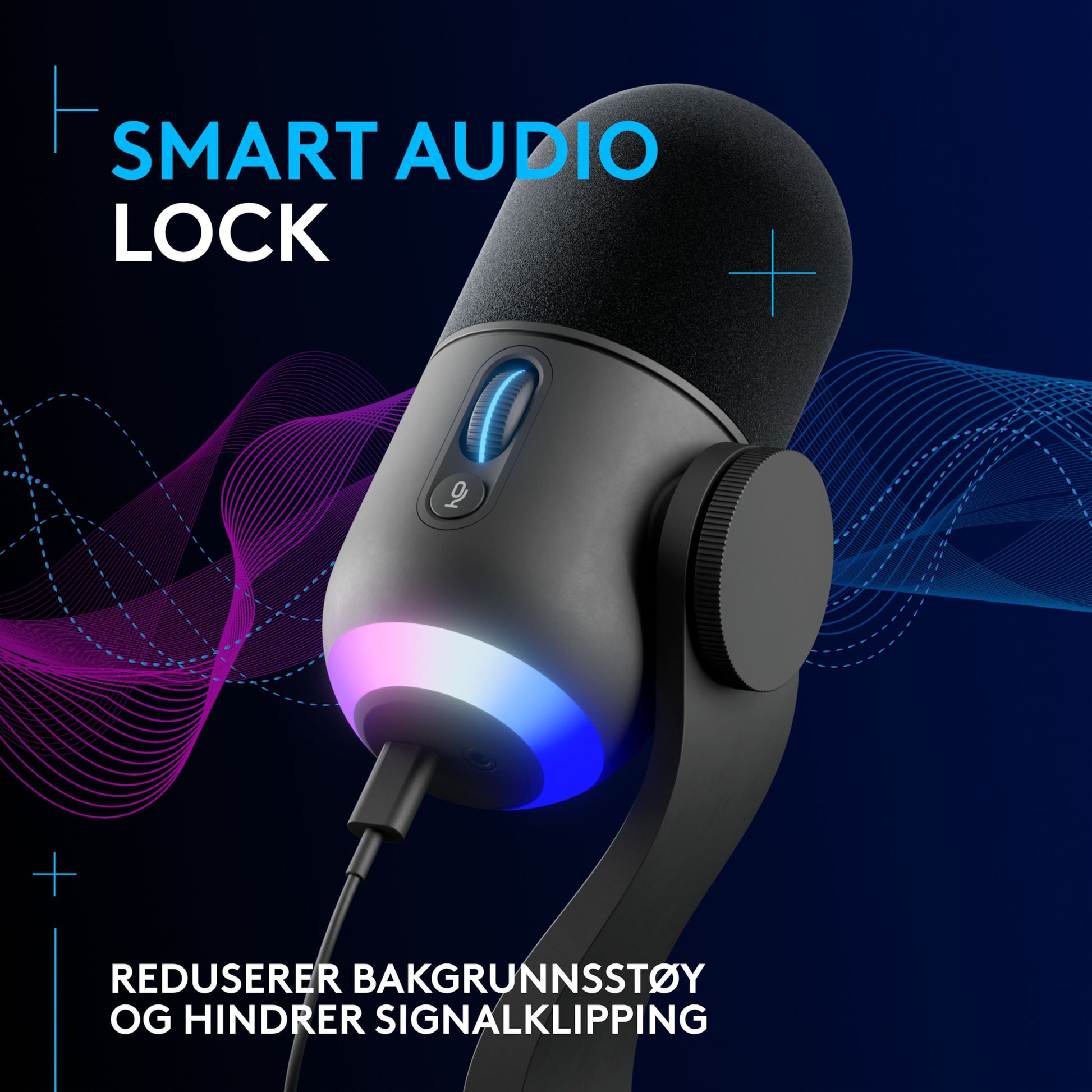 Logitech G Yeti GX USB-mikrofon sort, flerfarvet LED-ring, norsk tekst: Reduserer bakgrunnsstøy og hindrer signalklipping.