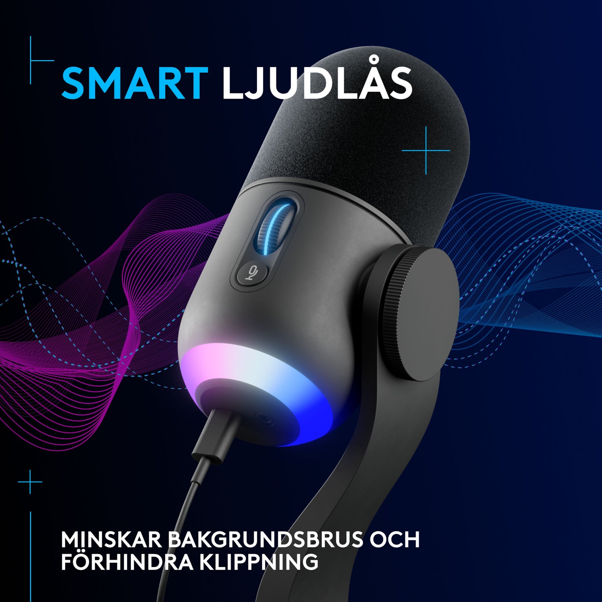 Logitech G Yeti GX USB-mikrofon med lysende base, blå baggrund og rosa lydbølger, svensk tekst om smart lydlås.