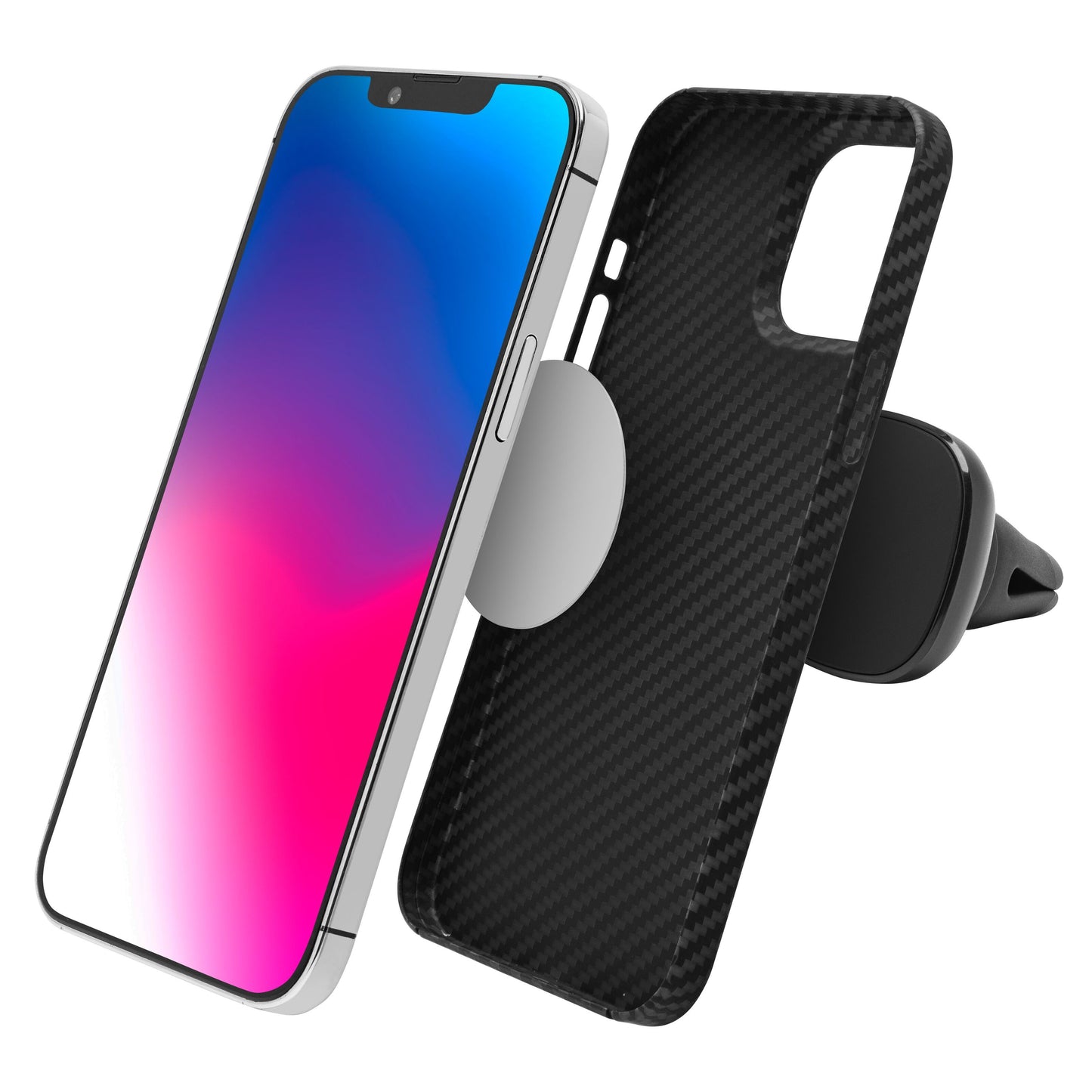 Smartphone med gradientskærm, sort kulfibercover og magnetisk mobilholder til ventilationsgitter, MagSafe-kompatibel.