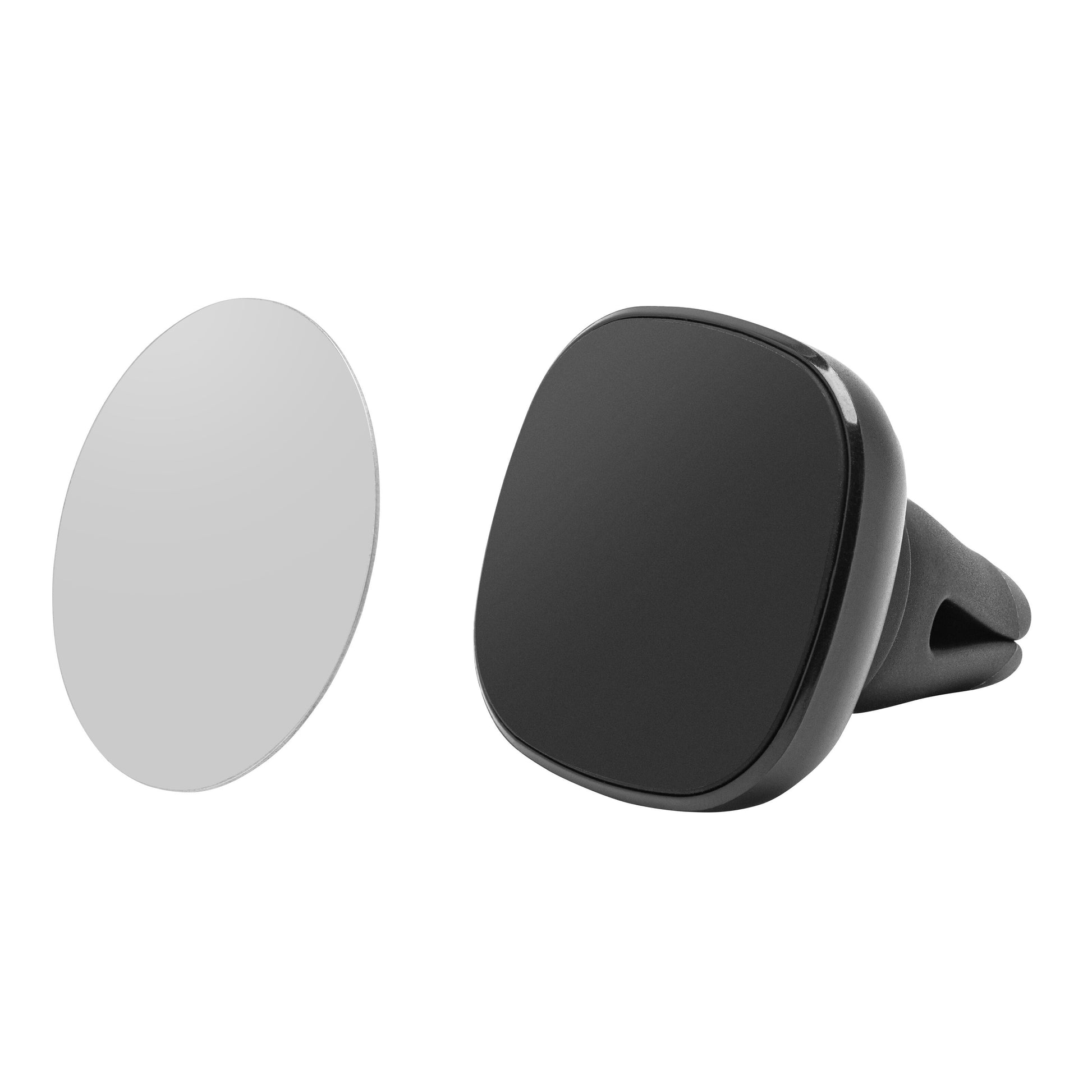 Magnetisk mobilholder sort til ventilationsgitter, rundet kvadratisk design, cirkulær metalplade, MagSafe-kompatibel.