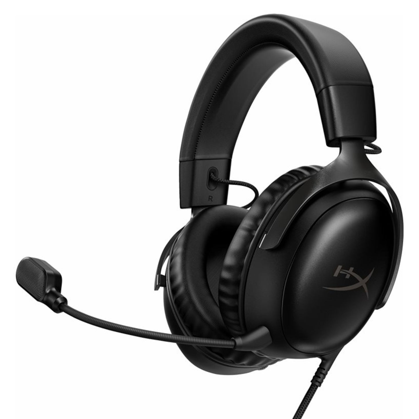 HyperX Cloud III sort over-ear gaming headset med polstret bøjle, bløde ørepuder, DTS Spatial Audio, boom og aftagelig mikrofon.