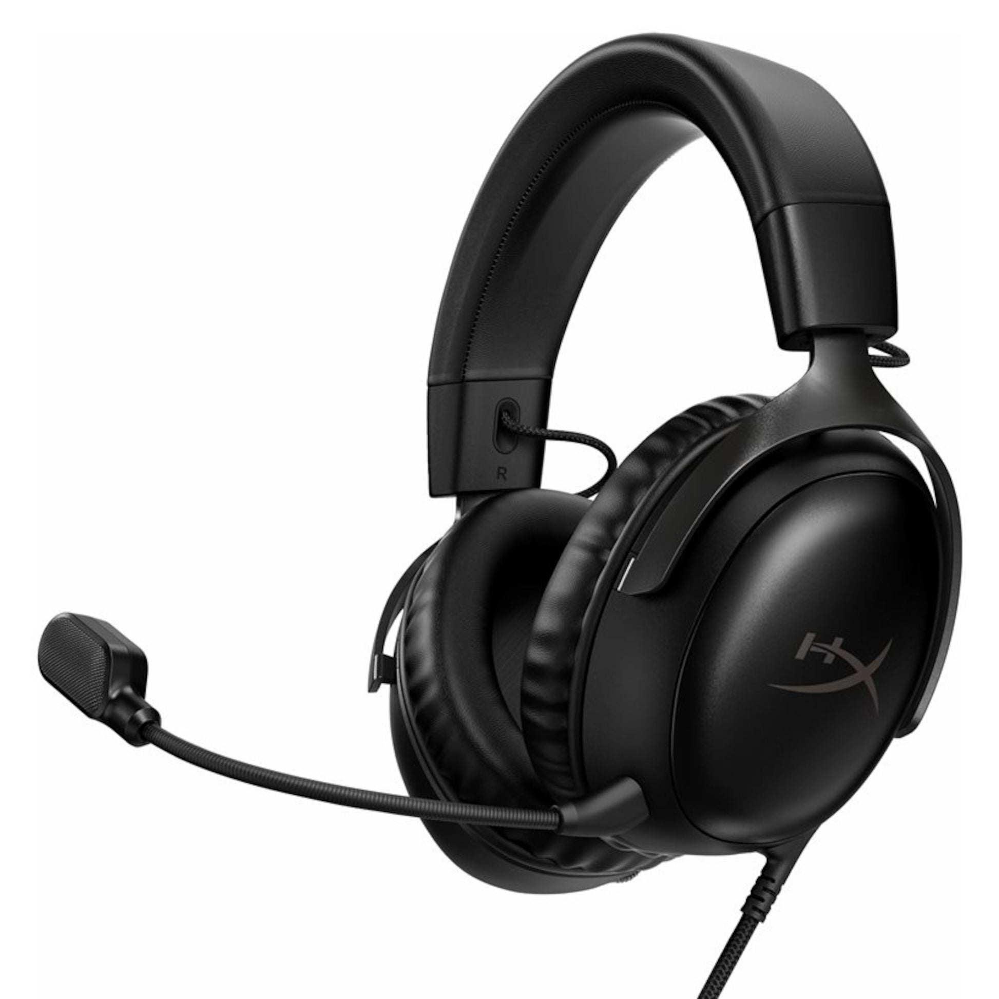 HyperX Cloud III sort over-ear gaming headset med polstret bøjle, bløde ørepuder, DTS Spatial Audio, boom og aftagelig mikrofon.