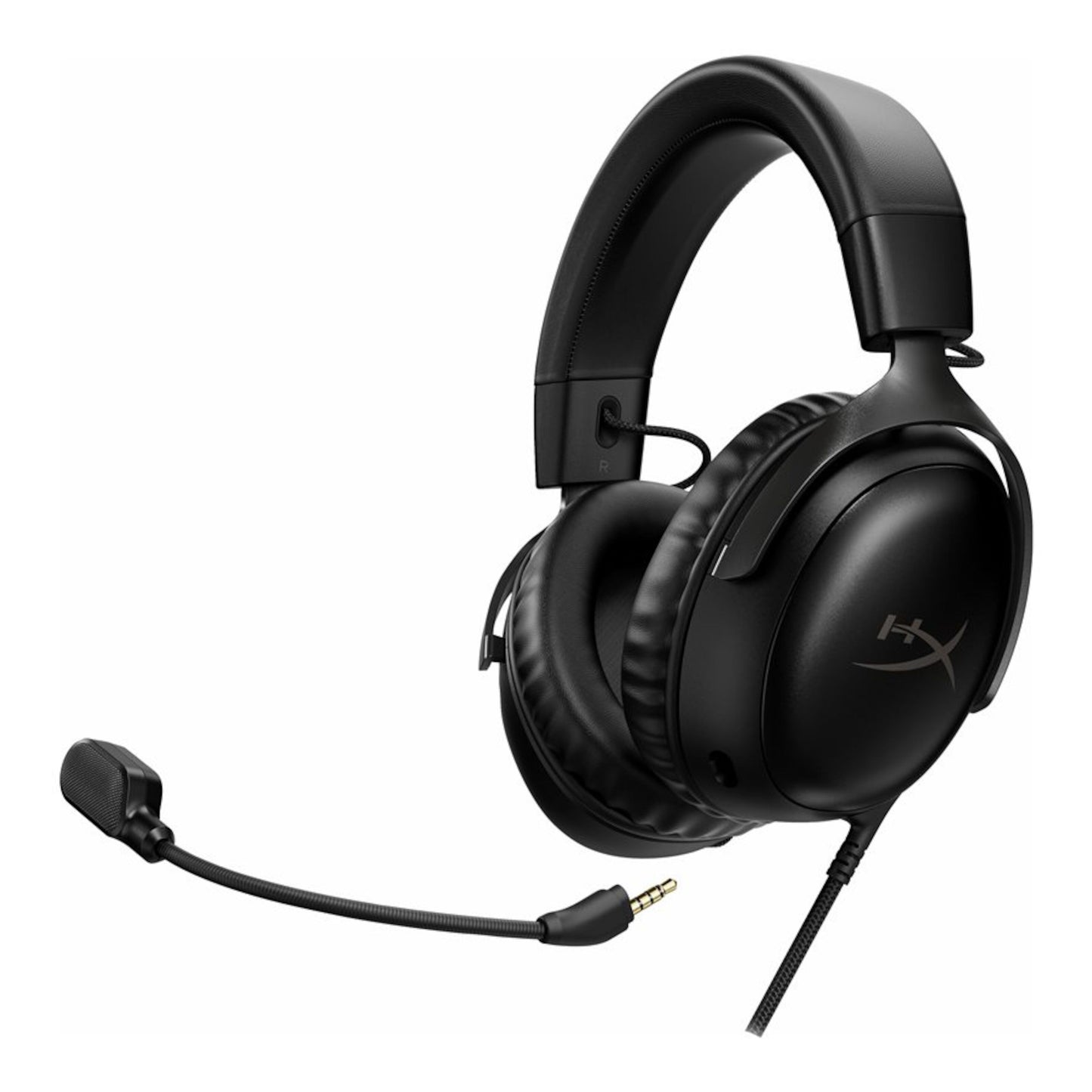 HyperX Cloud III sort gaming headset med polstret bøjle, justerbar mikrofon, 3,5 mm jack og HyperX-logo på ørekoppen.