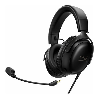 HyperX Cloud III sort gaming headset med polstret bøjle, justerbar mikrofon, 3,5 mm jack og HyperX-logo på ørekoppen.