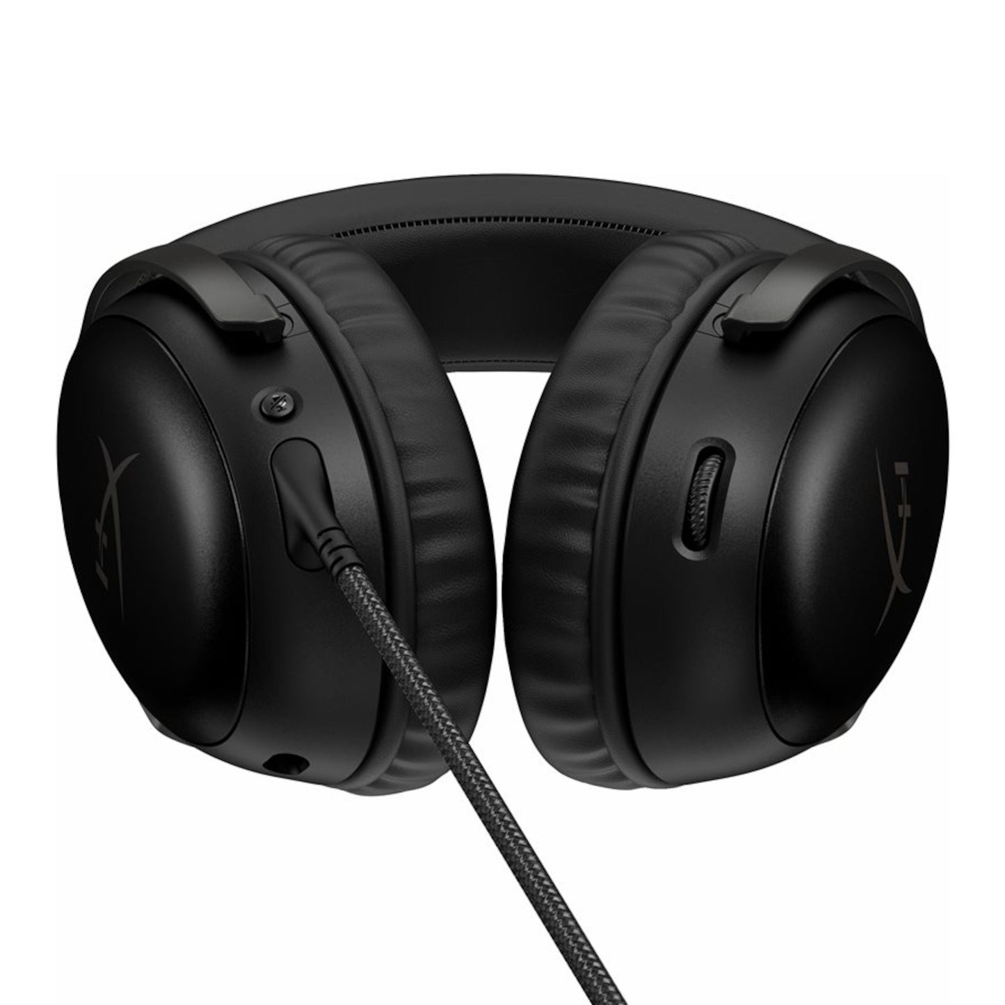 HyperX Cloud III gaming headset, sort, over-ear polstrede ørepuder, fletkabel i venstre side, DTS Spatial Audio, HyperX-logo.