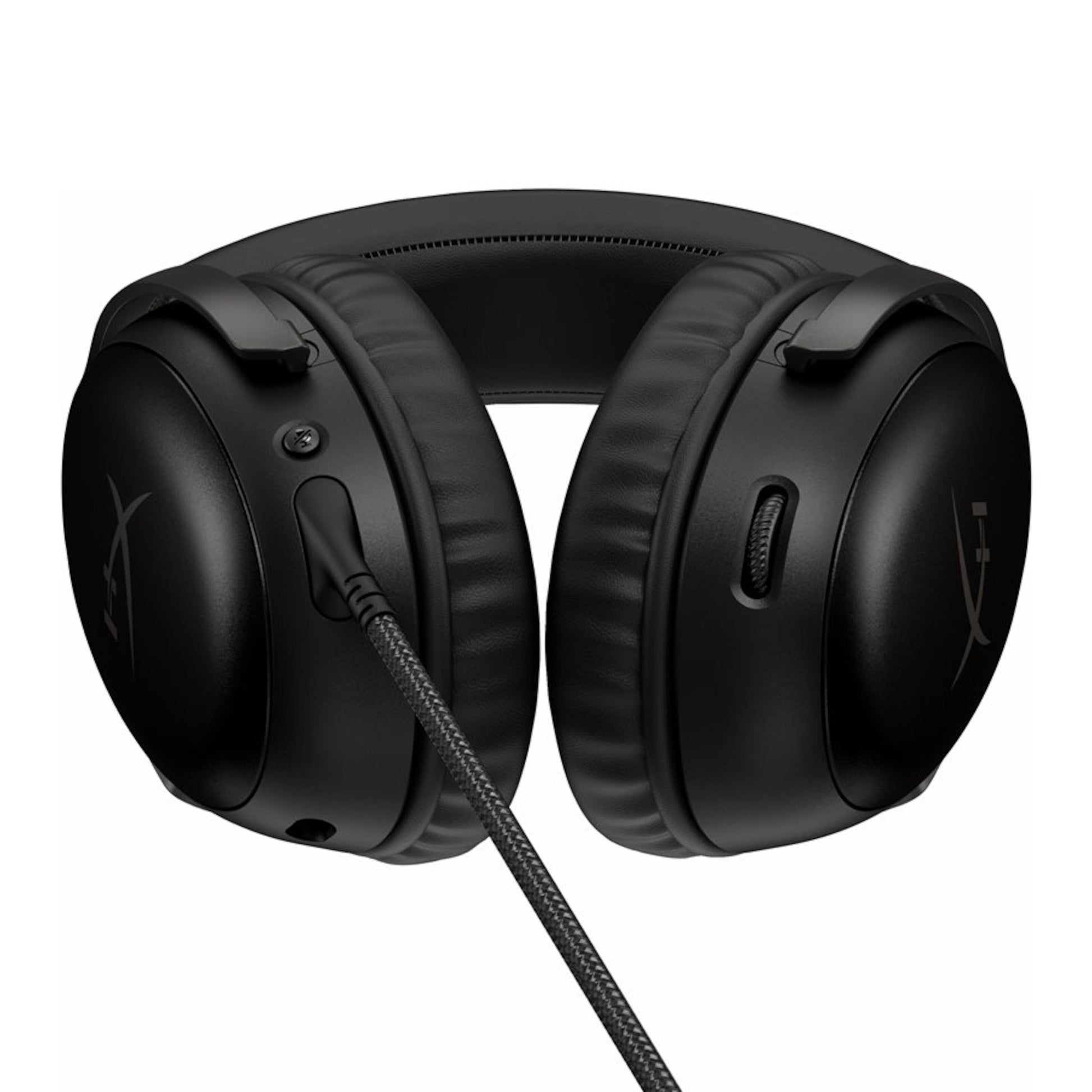 HyperX Cloud III gaming headset, sort, over-ear polstrede ørepuder, fletkabel i venstre side, DTS Spatial Audio, HyperX-logo.