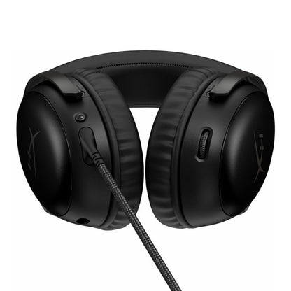 HyperX Cloud III gaming headset, sort, over-ear polstrede ørepuder, fletkabel i venstre side, DTS Spatial Audio, HyperX-logo.