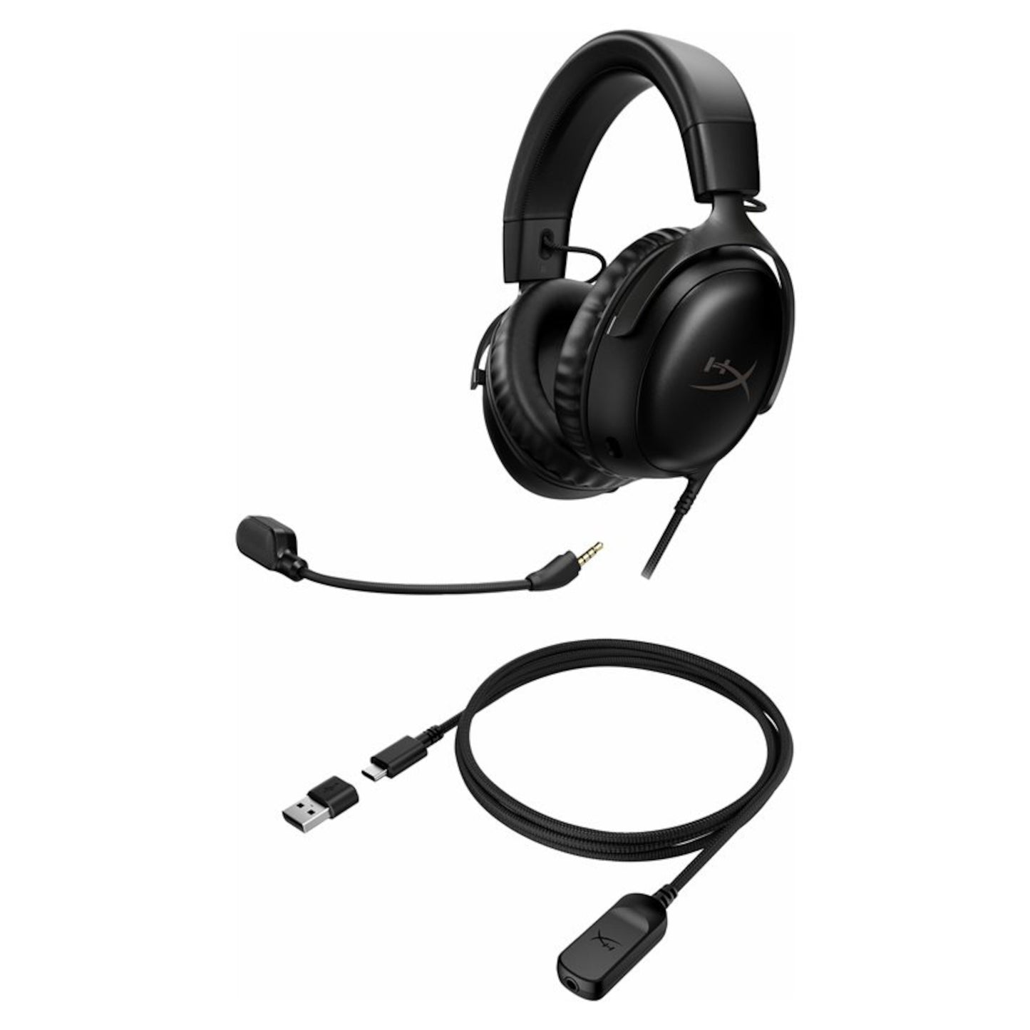 HyperX Cloud III sort over-ear gaming-headset med DTS Spatial Audio, aftagelig mikrofon, flettet kabel, USB-adapter og dongle.