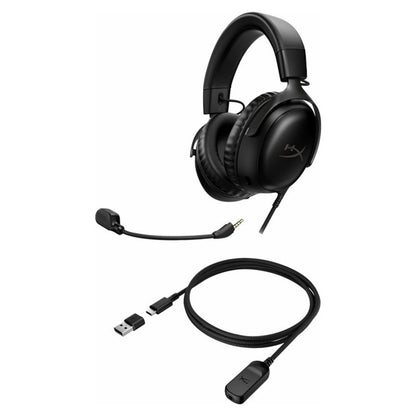 HyperX Cloud III sort over-ear gaming-headset med DTS Spatial Audio, aftagelig mikrofon, flettet kabel, USB-adapter og dongle.