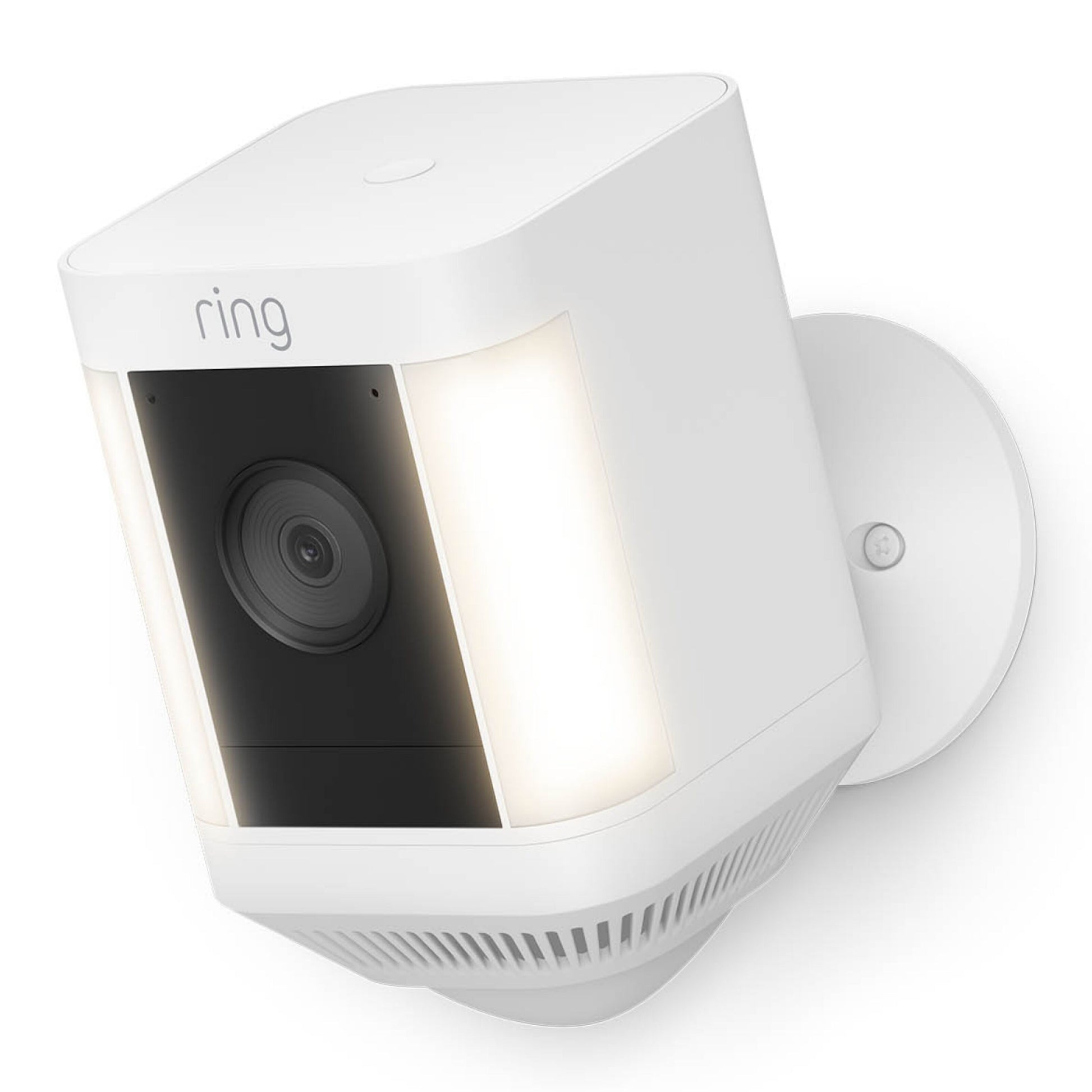 Ring Spotlight Cam Plus Battery trådløs overvågningskamera hvid, monteret på væg, 1080p Full HD linse, cirkulær base.