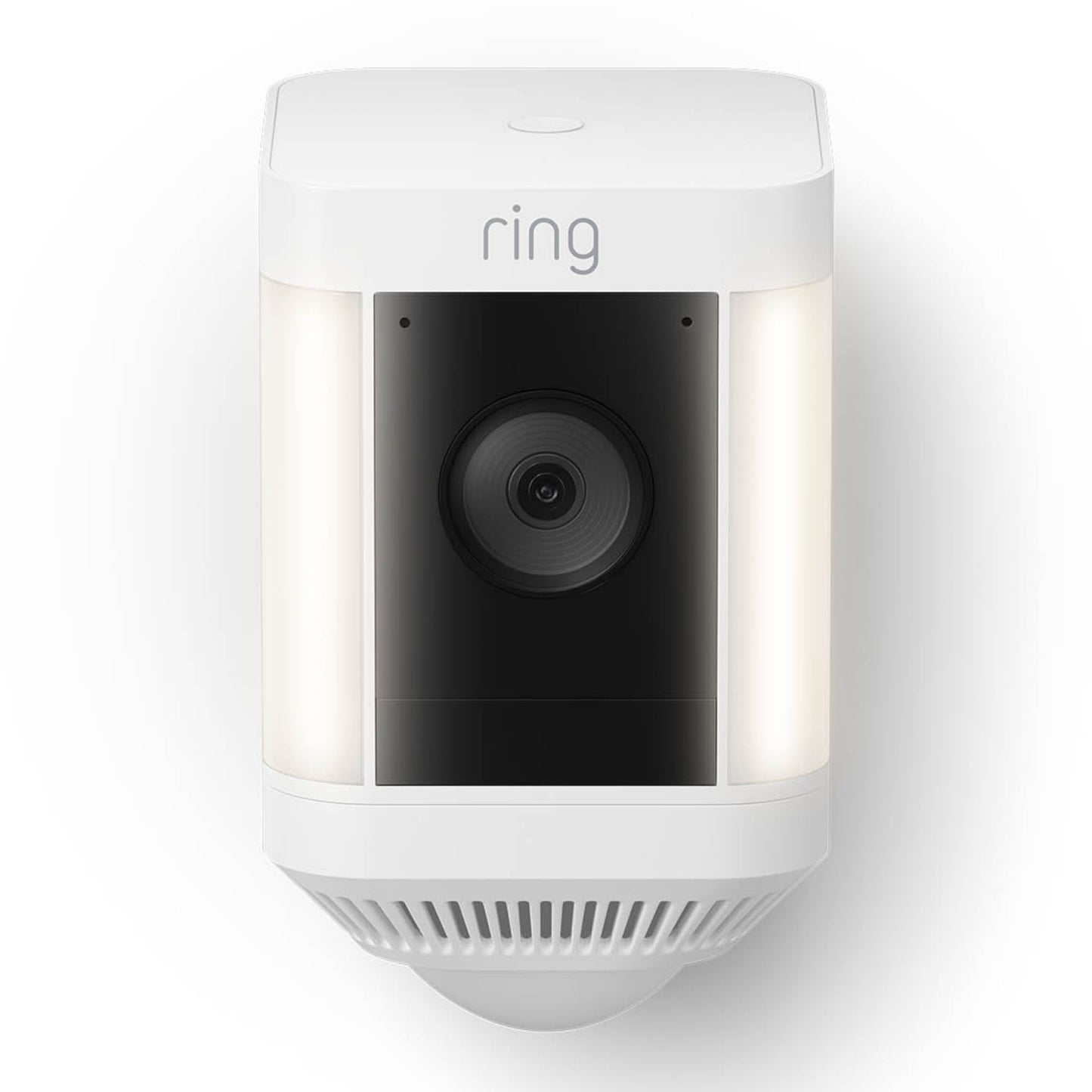 Ring Spotlight Cam Plus Battery trådløs overvågningskamera hvid med sort linse, dobbelte sidelys og 1080p Full HD.