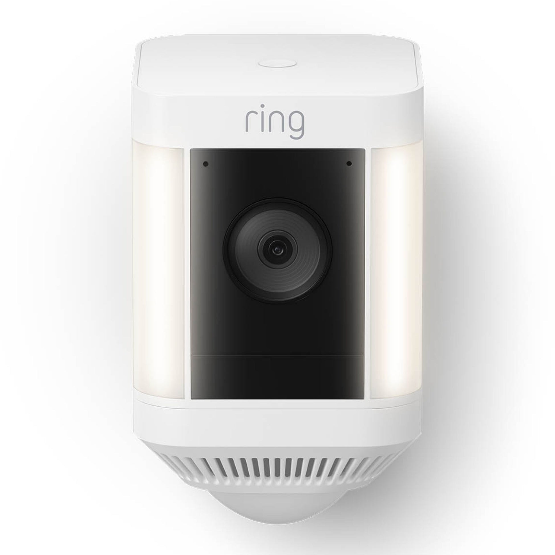 Ring Spotlight Cam Plus Battery trådløs overvågningskamera hvid med sort linse, dobbelte sidelys og 1080p Full HD.