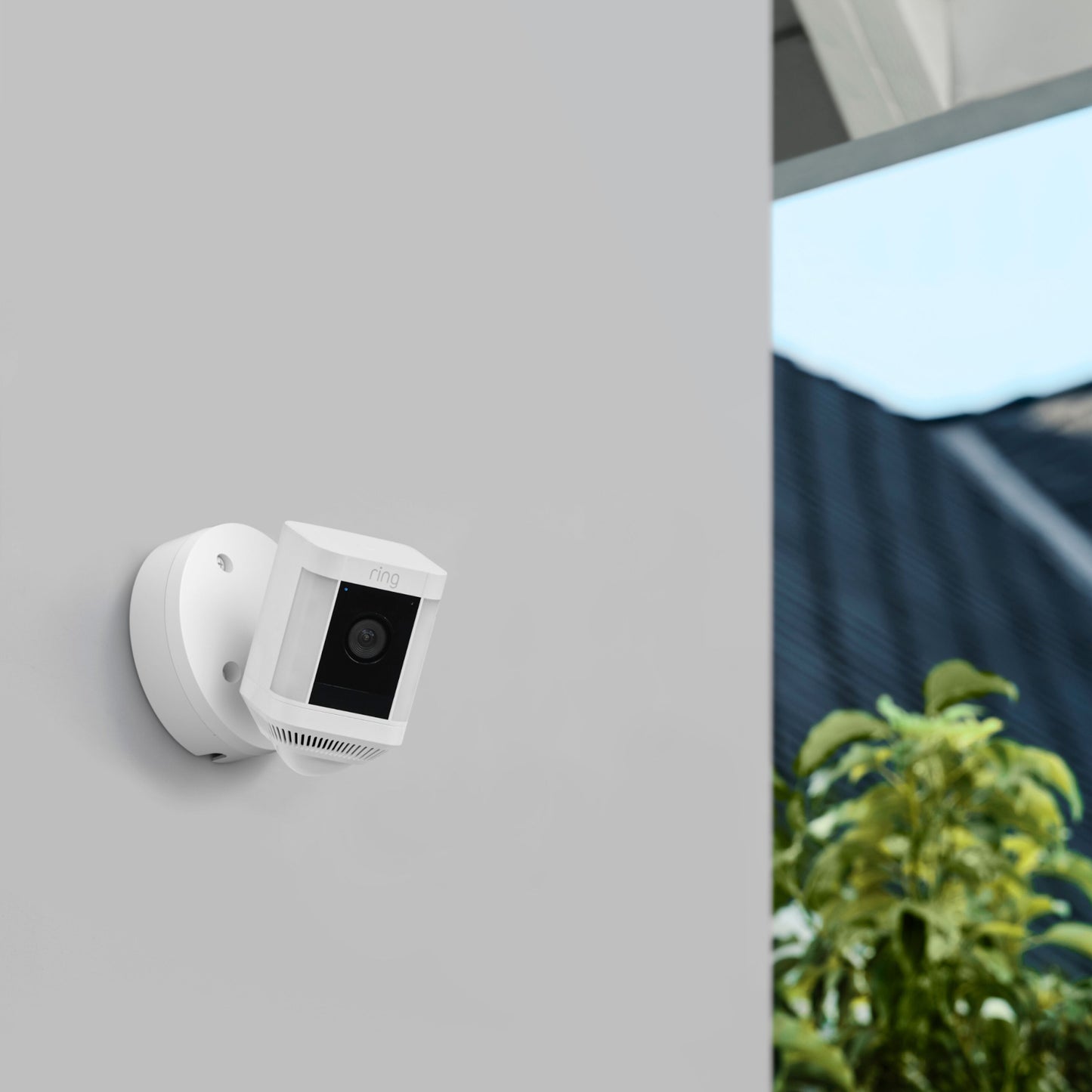 Ring Spotlight Cam Plus Battery trådløst overvågningskamera hvid, monteret på lys grå væg, 1080p Full HD.