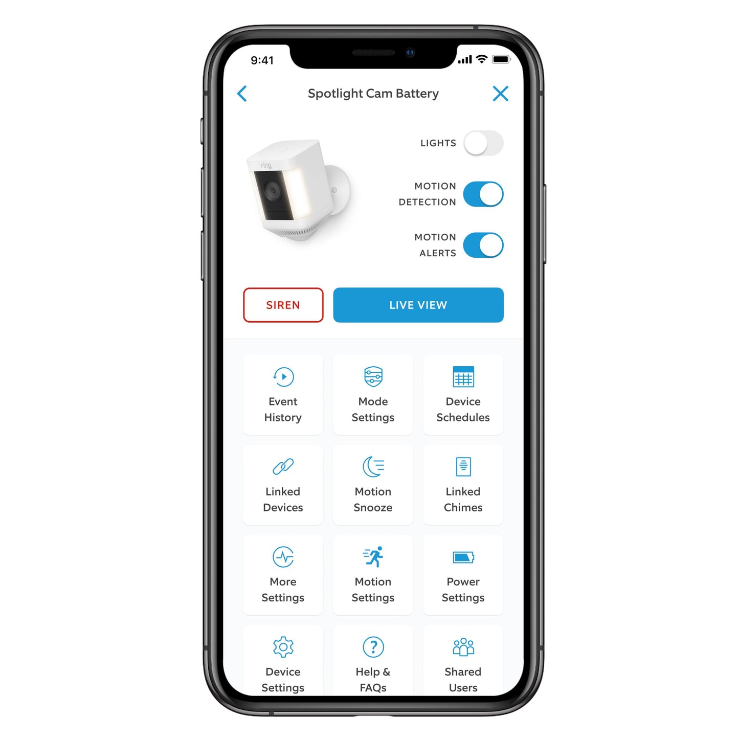 Ring Spotlight Cam Plus Battery trådløst overvågningskamera hvid, app-visning med 1080p Full HD og kontrolmuligheder.