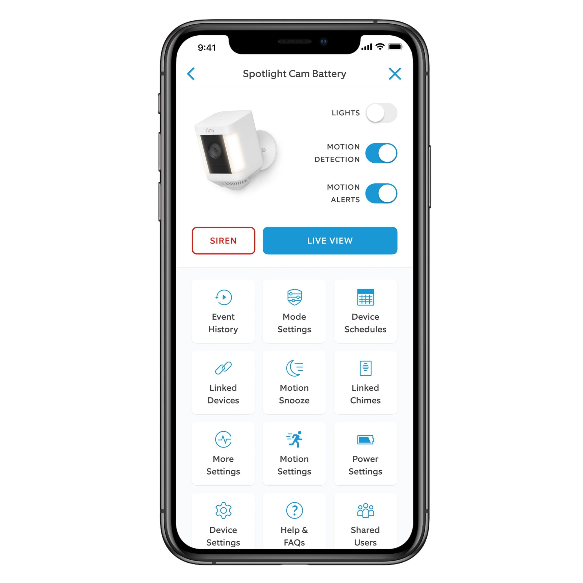 Ring Spotlight Cam Plus Battery trådløst overvågningskamera hvid, app-visning med 1080p Full HD og kontrolmuligheder.
