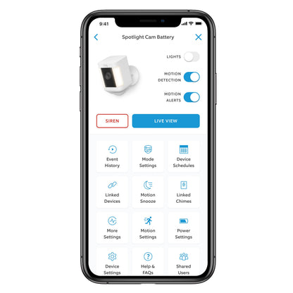 Ring Spotlight Cam Plus Battery trådløst overvågningskamera hvid, app-visning med 1080p Full HD og kontrolmuligheder.