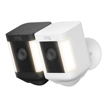 Ring Spotlight Cam Plus Battery trådløs overvågningskamera sort og hvid, indbygget lys, vidvinkelobjektiv, 1080p udendørs.