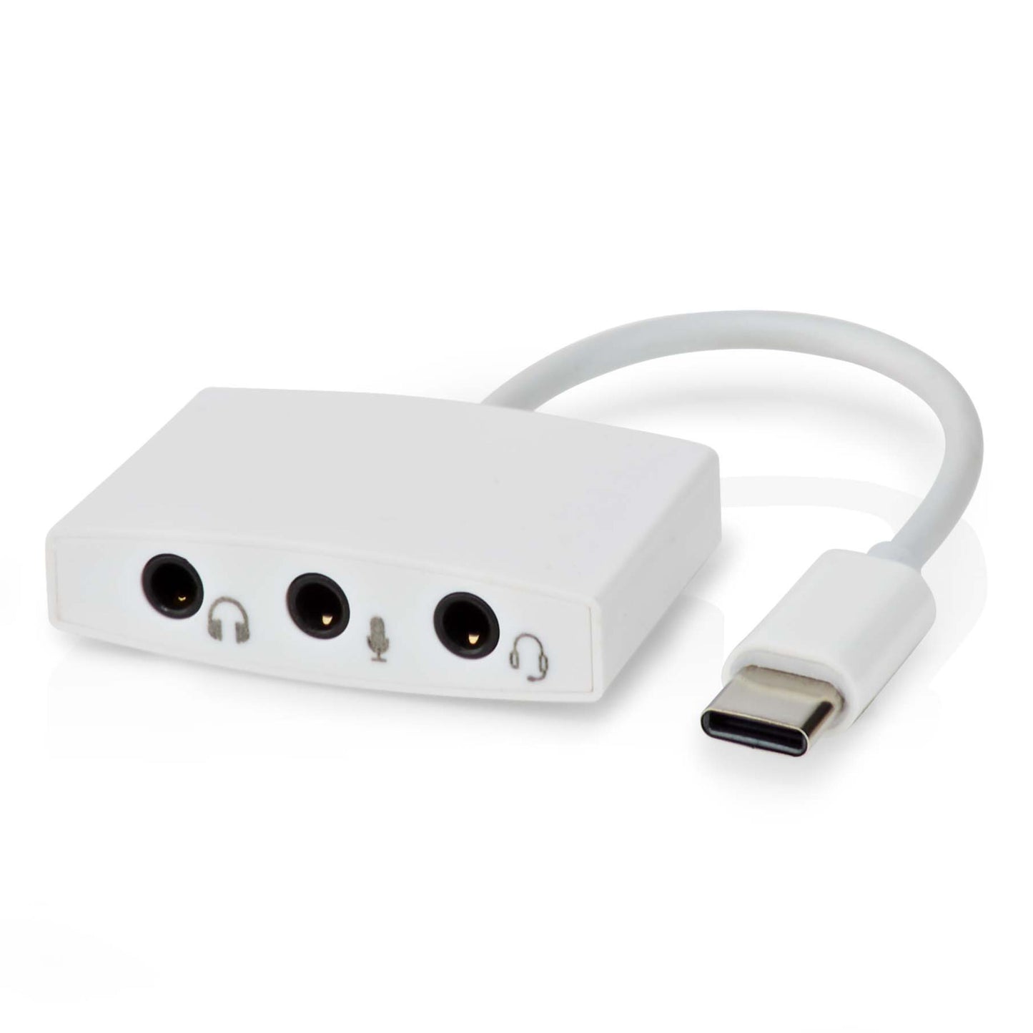Nedis USB-C lydadapter med tre 3,5 mm porte til hovedtelefon, mikrofon og headset samt kort fleksibelt kabel.