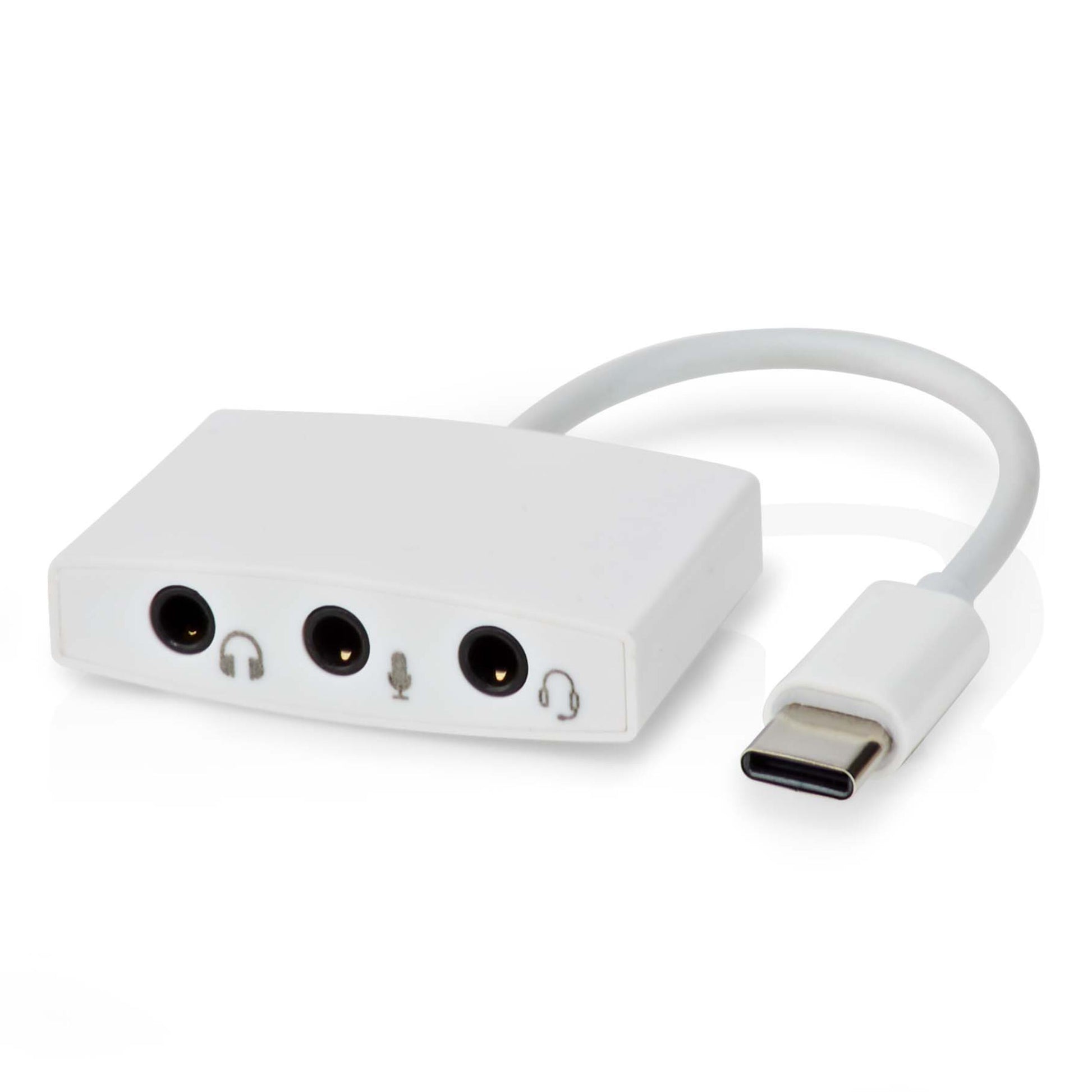 Nedis USB-C lydadapter med tre 3,5 mm porte til hovedtelefon, mikrofon og headset samt kort fleksibelt kabel.
