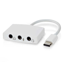 Nedis USB-C lydadapter med tre 3,5 mm porte til hovedtelefon, mikrofon og headset samt kort fleksibelt kabel.
