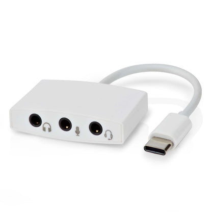 Nedis USB-C lydadapter med tre 3,5 mm porte til hovedtelefon, mikrofon og headset samt kort fleksibelt kabel.