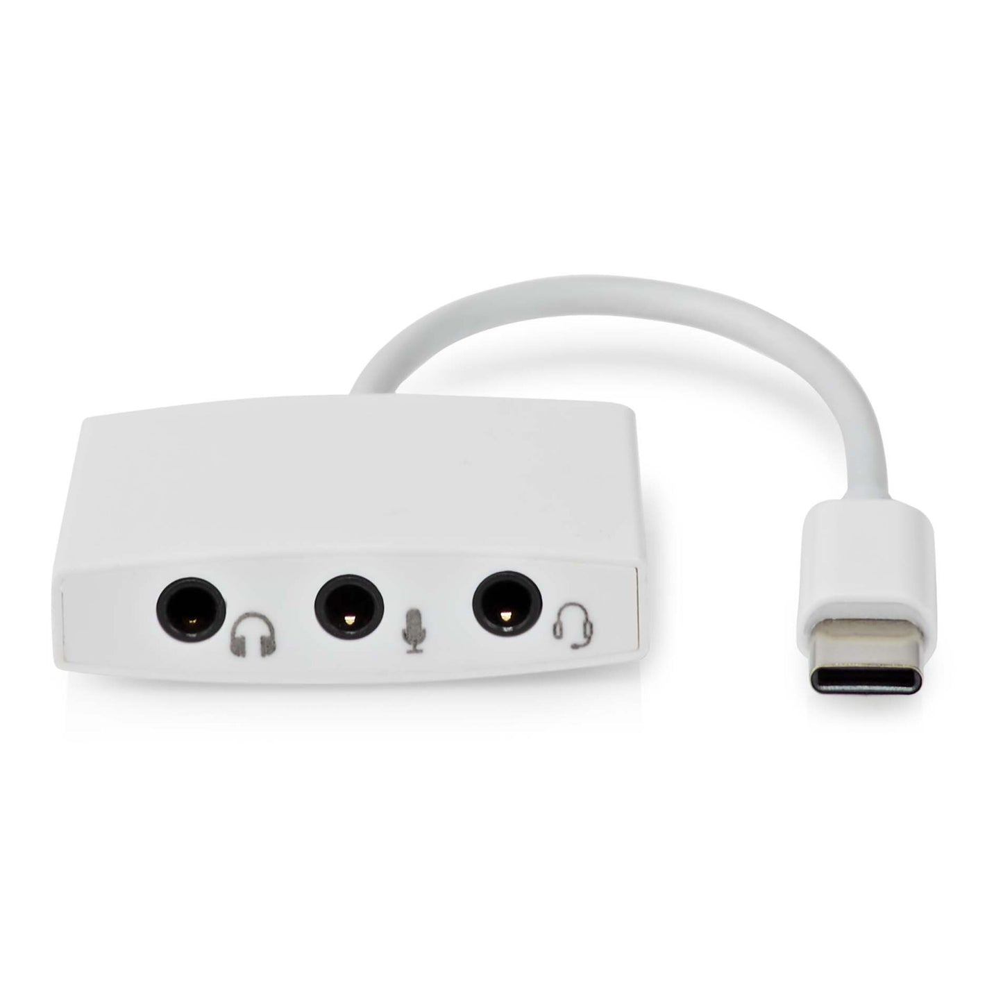 USB-C lydadapter med tre porte til hovedtelefon og mikrofon, kort kabel, understøtter 3,5 mm headsetstik.