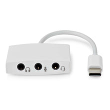 USB-C lydadapter med tre porte til hovedtelefon og mikrofon, kort kabel, understøtter 3,5 mm headsetstik.