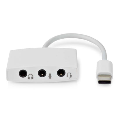 USB-C lydadapter med tre porte til hovedtelefon og mikrofon, kort kabel, understøtter 3,5 mm headsetstik.