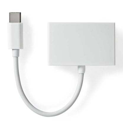 Nedis USB-C til HDMI lydadapter i hvid med kort kabel, USB-C stik, HDMI-port samt understøttelse af hovedtelefon og mikrofon.