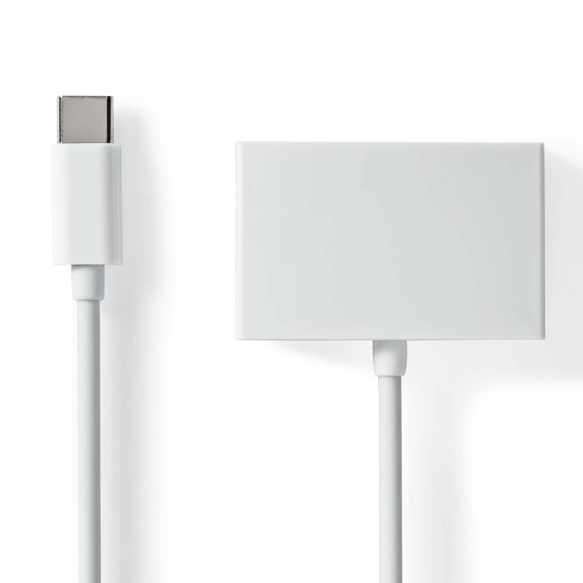 Nedis lydadapter USB-C, hvid, med kabel og rektangulær adapter til hovedtelefon og mikrofon, set fra siden.