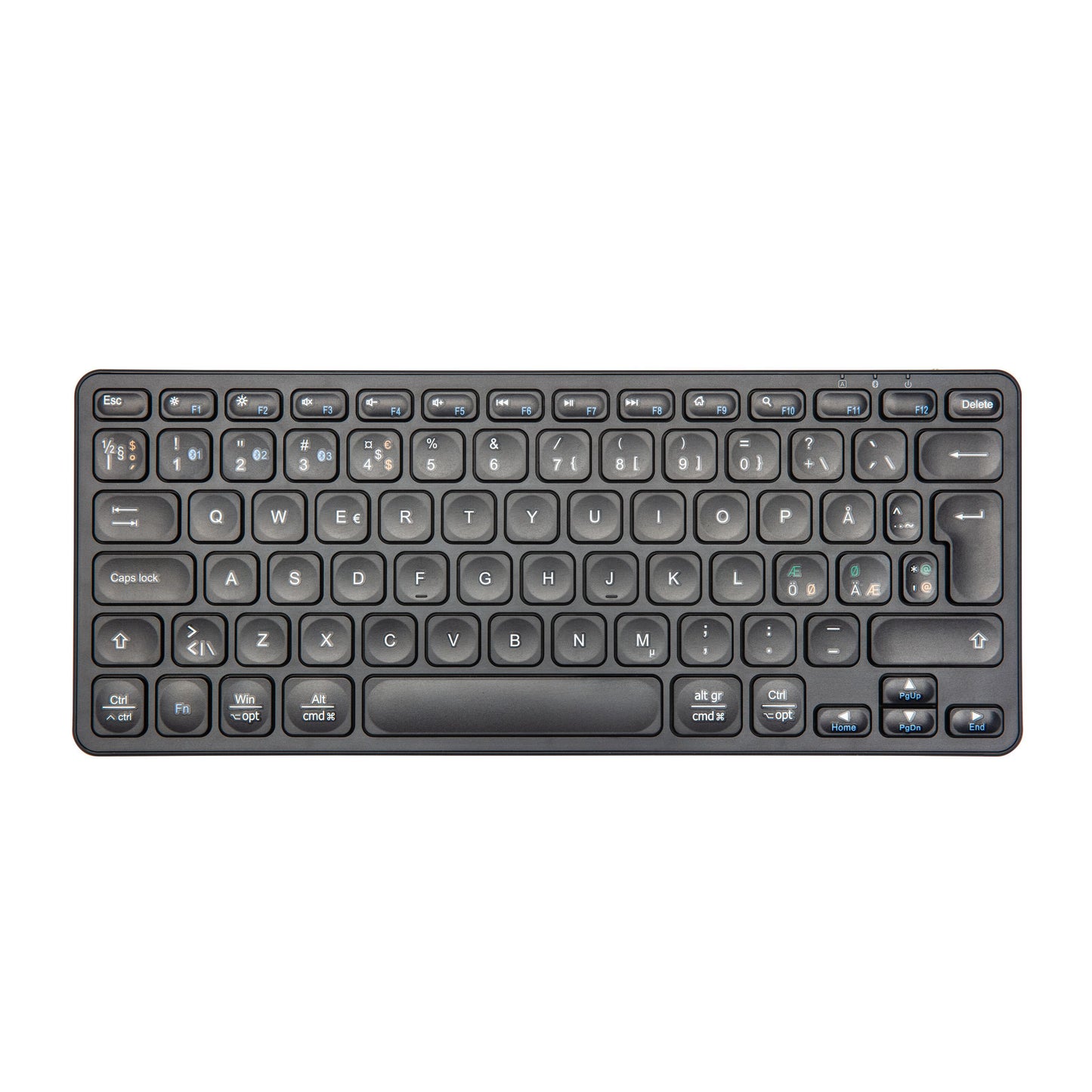 Bluetooth-tastatur, sort, kompakt med afrundede taster, nordisk layout, trådløs, funktionstaster og piletaster.