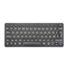 Bluetooth-tastatur, sort, kompakt med afrundede taster, nordisk layout, trådløs, funktionstaster og piletaster.