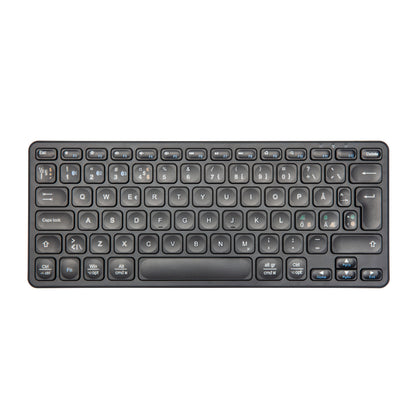 Bluetooth-tastatur, sort, kompakt med afrundede taster, nordisk layout, trådløs, funktionstaster og piletaster.