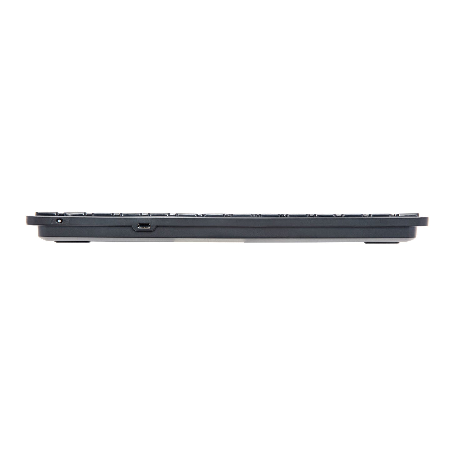 Linocell Bluetooth-tastatur, sort, slank profil, lavtastet design, opladningsport, multisupport, sideview.