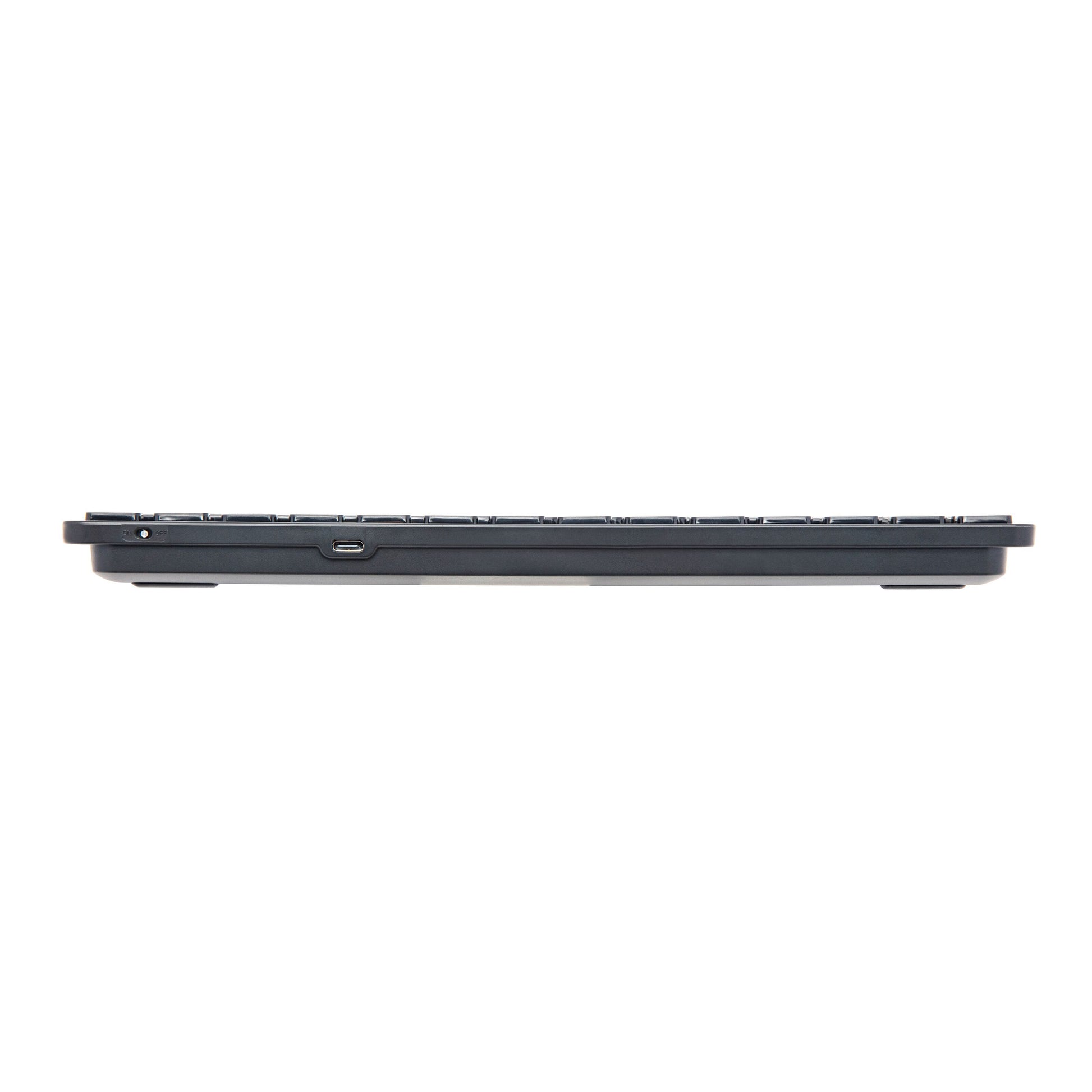 Linocell Bluetooth-tastatur, sort, slank profil, lavtastet design, opladningsport, multisupport, sideview.