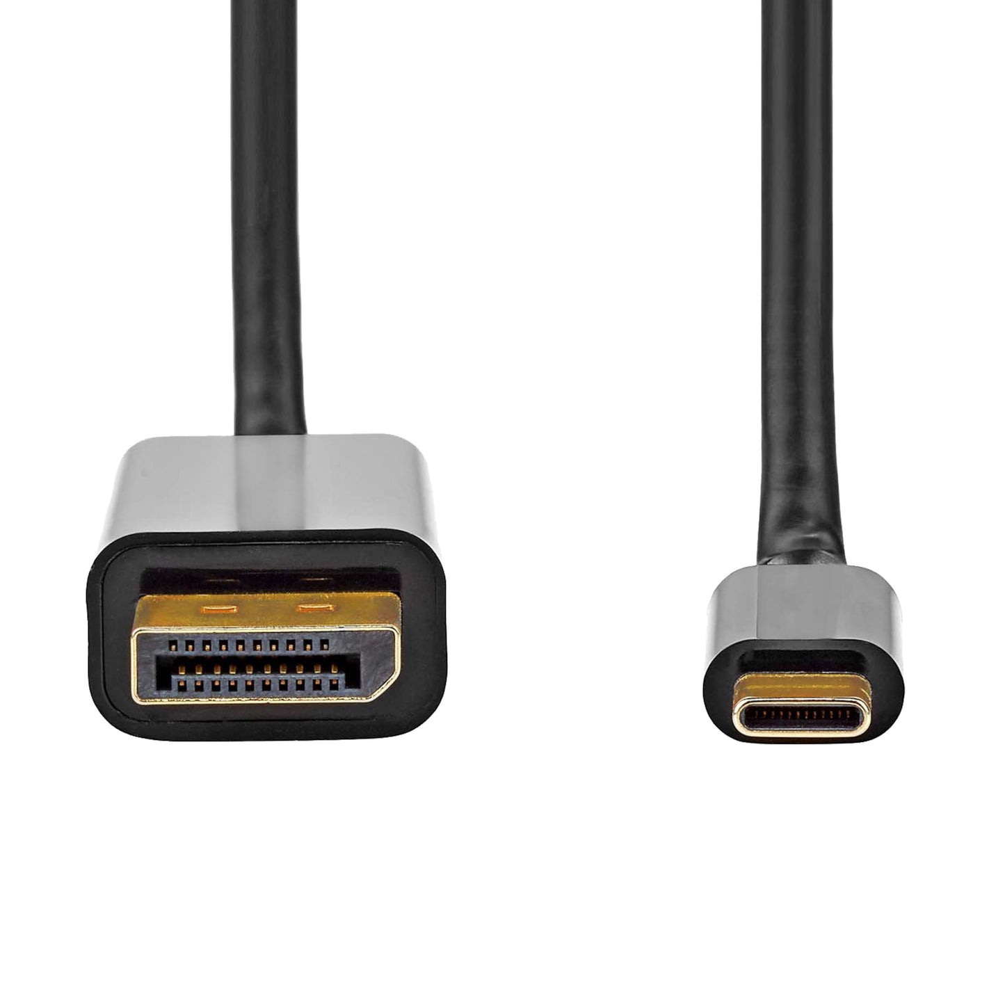 Plexgear USB-C til DisplayPort kabel 2m med guldbelagt stik, DisplayPort venstre og USB-C højre, understøtter 4K60Hz.