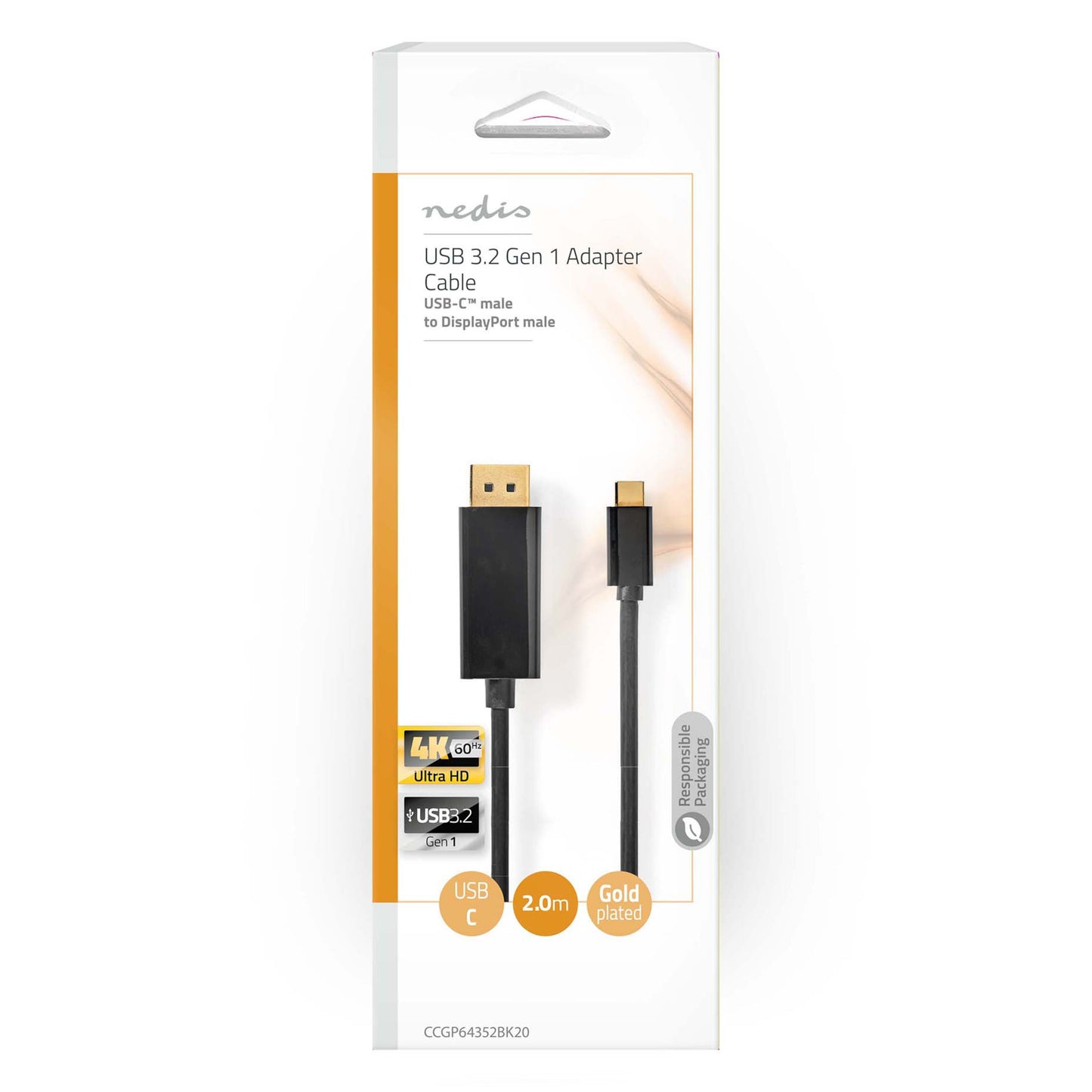 Nedis Plexgear USB-C til DisplayPort kabel 2m, guldbelagt stik, understøtter 4K 60Hz, front af detailæske.