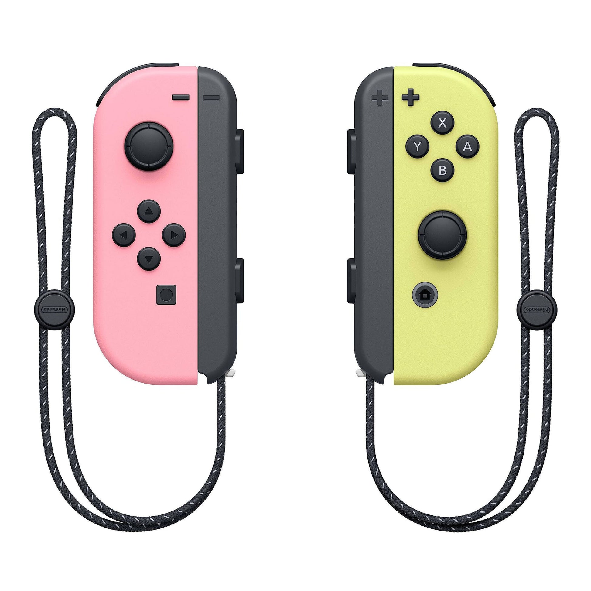 Nintendo Joy-Con sæt i pink (venstre) og gul (højre) med sort håndledsremme, standard knapper, kompatibel med Switch Lite.